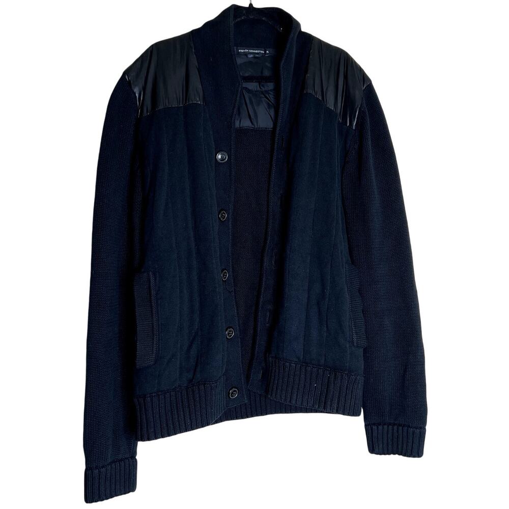 French Connection Cardigan Sweater Men XL Black Cotton Dark academia Preppy